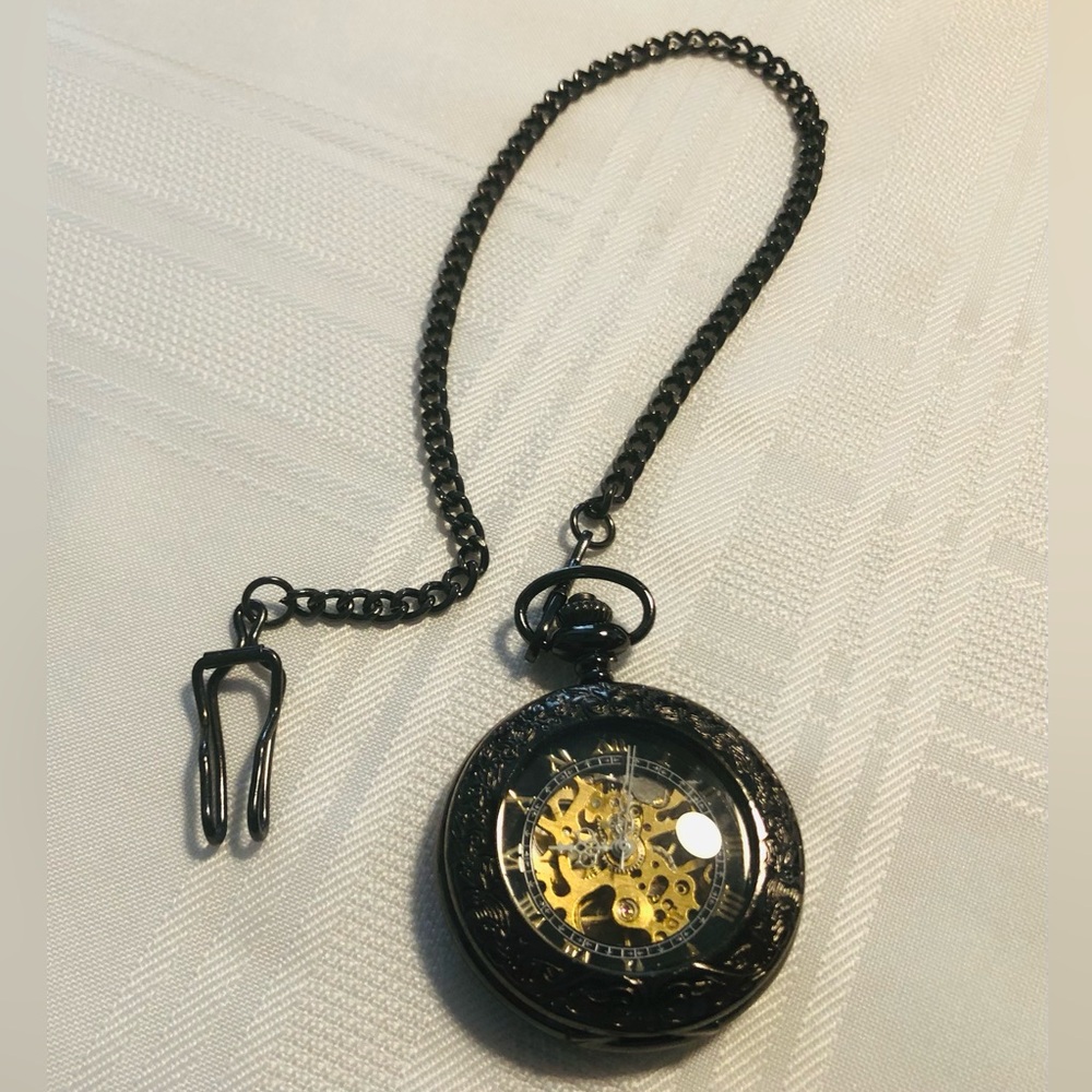 Like New Black Men’s Mechanical Pocket Watch with Chain